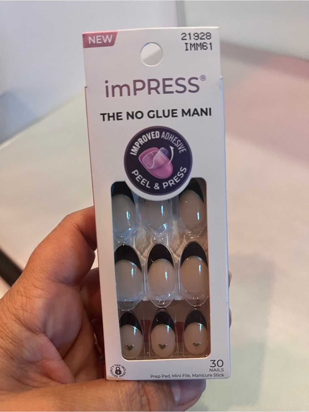 imPRESS Nude Press-On Nails with Black French Tips and Tiny Gold Hearts